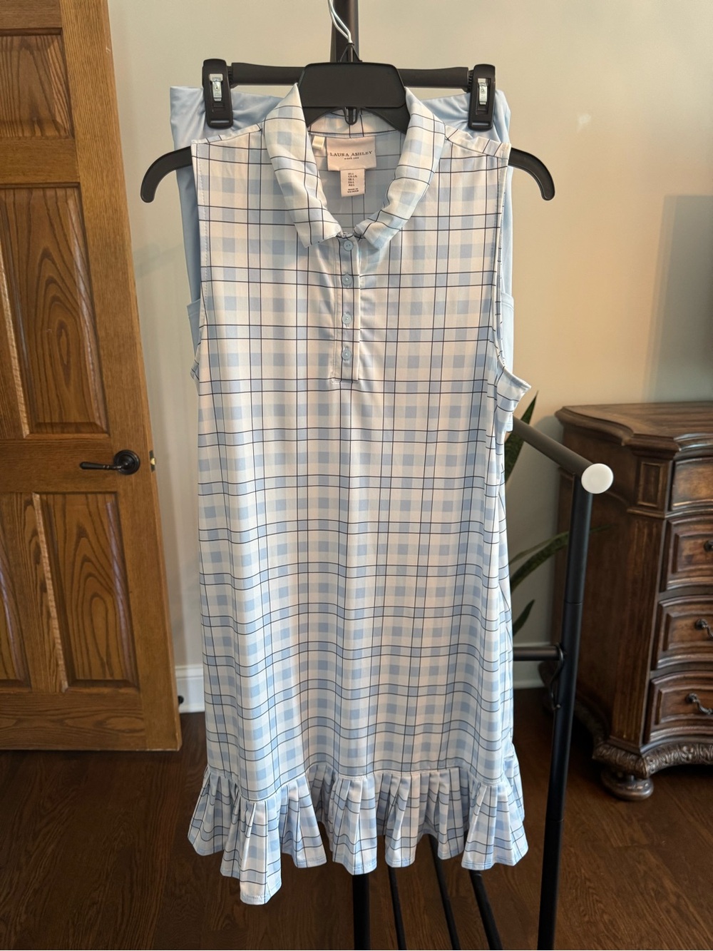 Laura Ashley Light Blue Plaid Sleeveless Ruffle-Hem Dress
